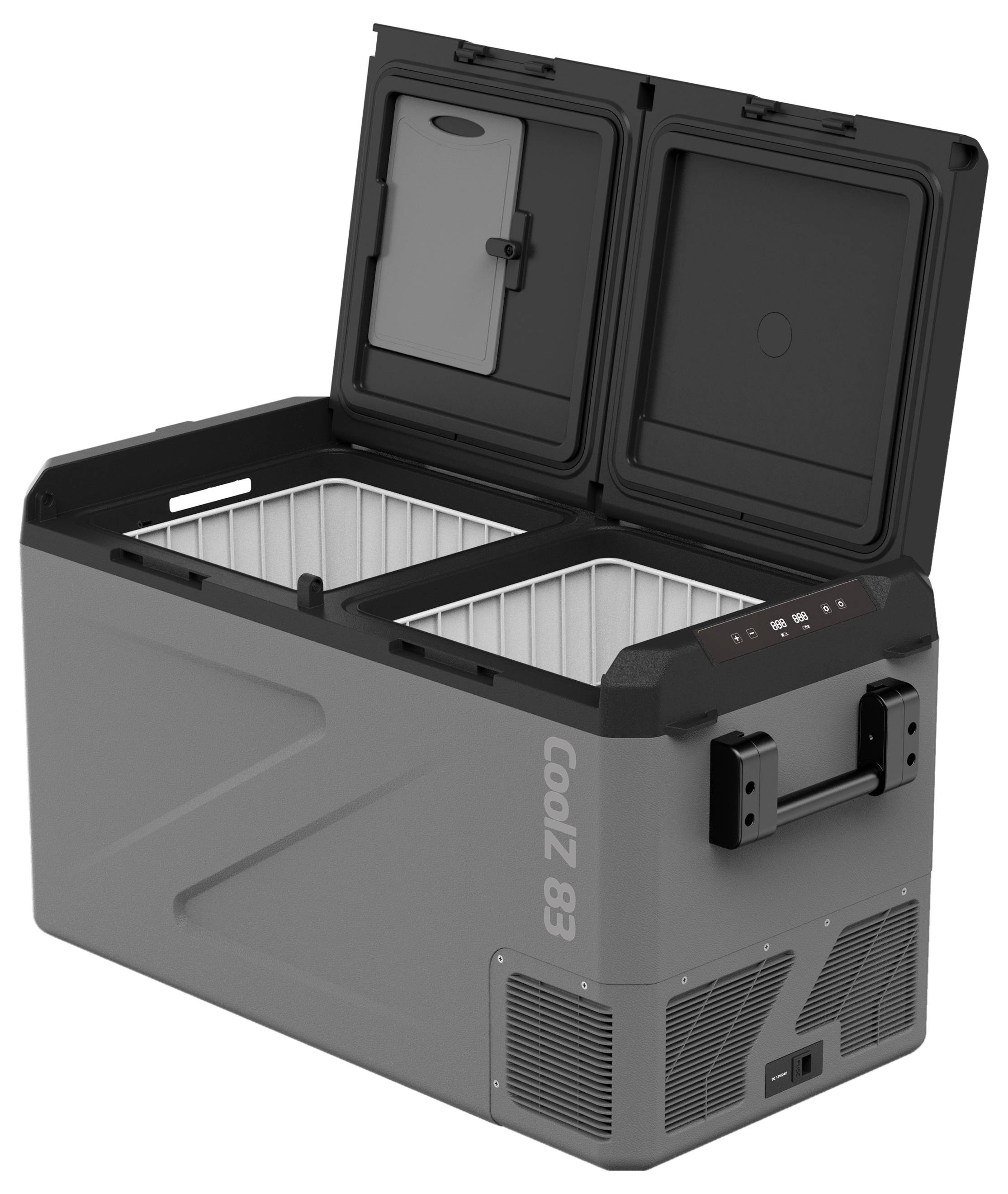 Tragbarer Dual-Zone-Kühlschrank/Gefrierschrank mit zwei offenen Fächern, Bedienfeld, Seitengriffen und vorderen Lüftungsöffnungen.