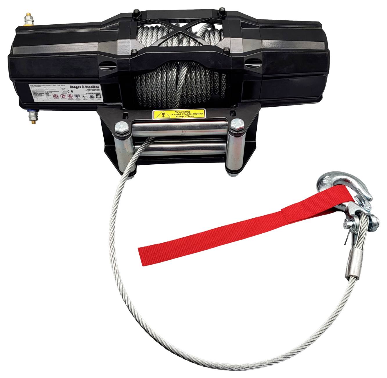 Elektrische Winde mit Stahlseil und Haken, dargestellt mit einem roten Gewebegurt, der am Seilende an weißem Hintergrund befestigt ist.
