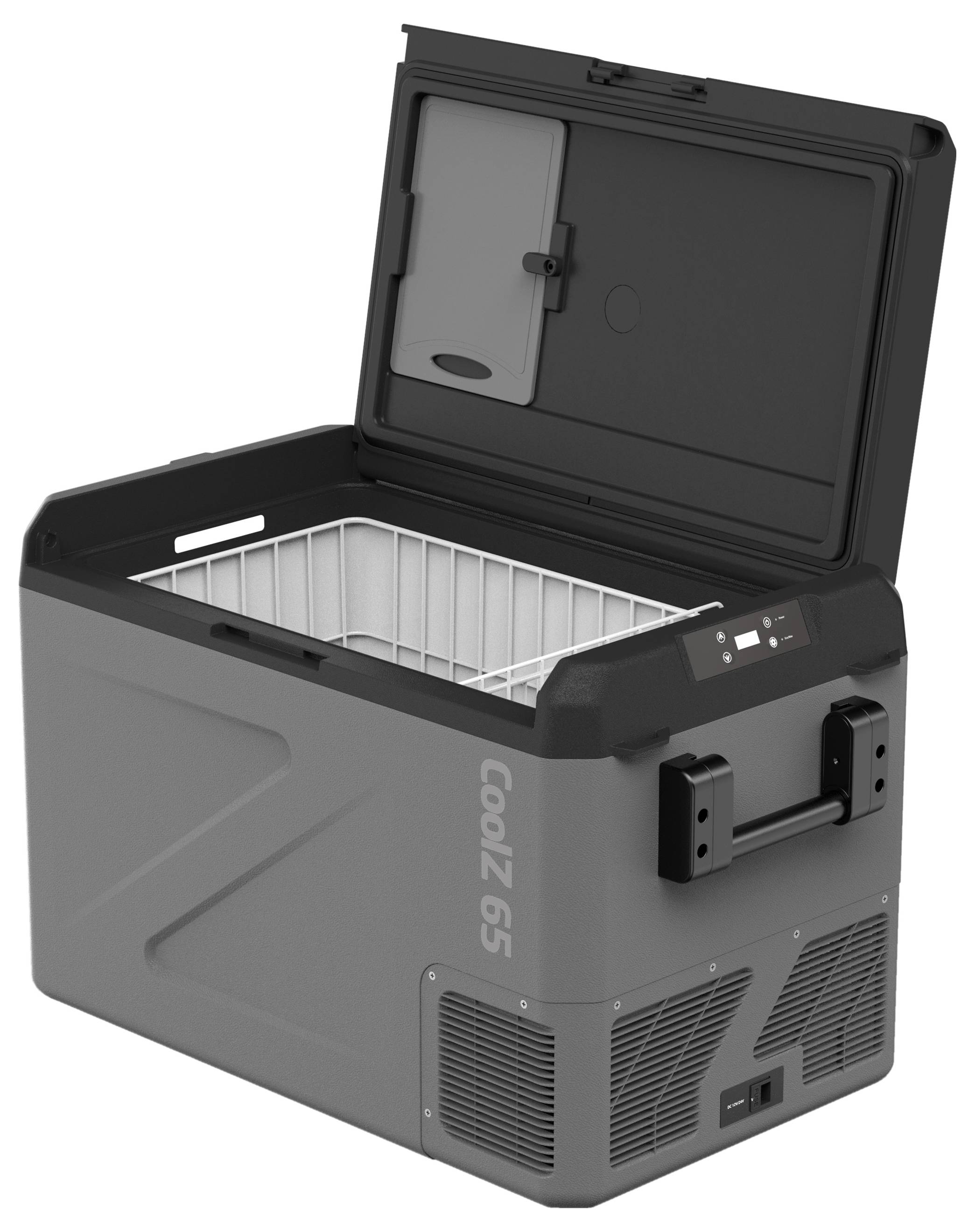 Tragbarer CooZ 65 Elektrischer Kühlbox mit offenem Deckel, innerem Korb, Frontgriff und Seitenlüftungsöffnungen, dargestellt auf weißem Hintergrund.