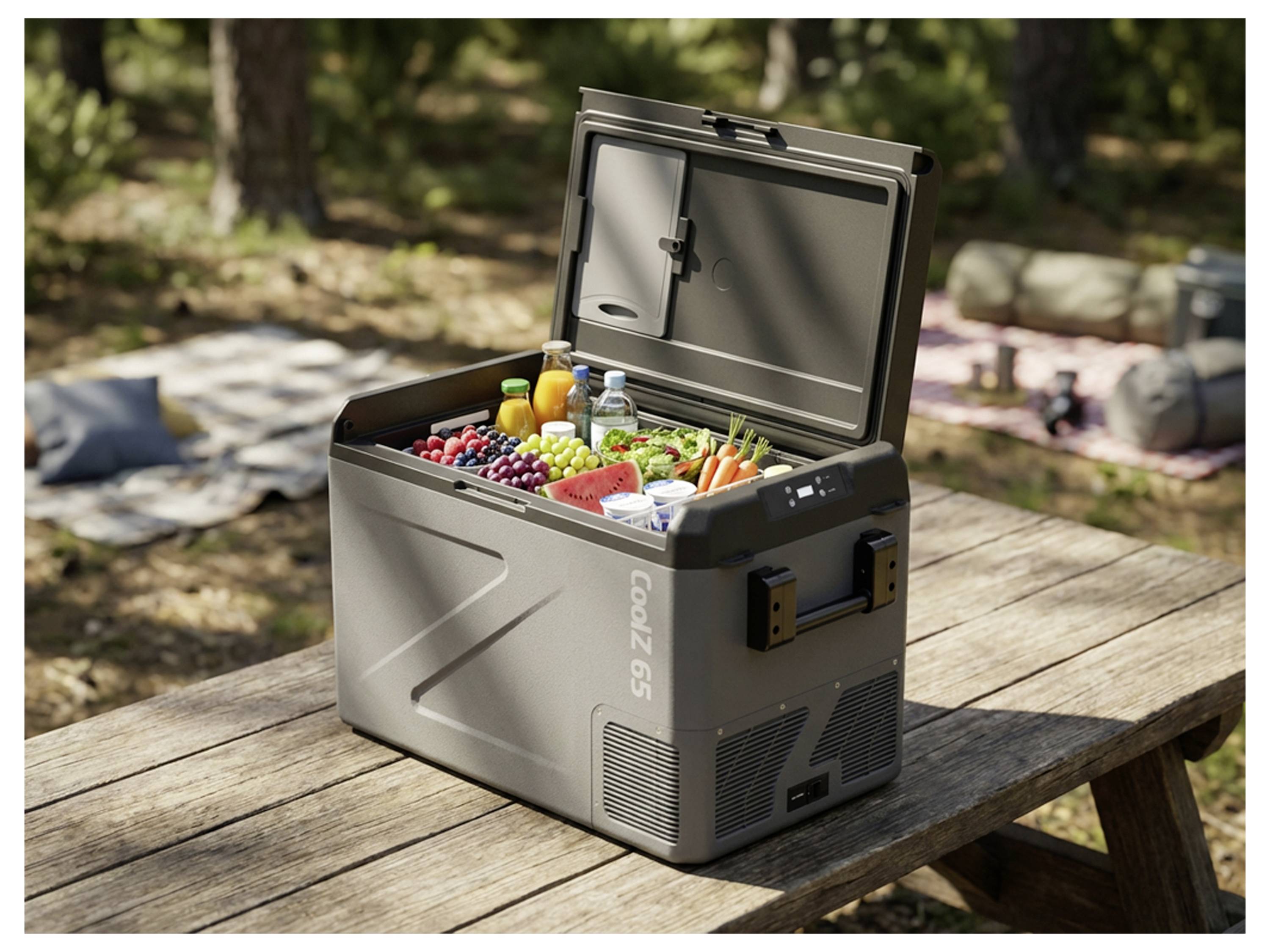 Offene graue tragbare Kühlbox auf einem Picknicktisch, gefüllt mit frischem Obst, Gemüse, Getränken und Snacks im Freien.
