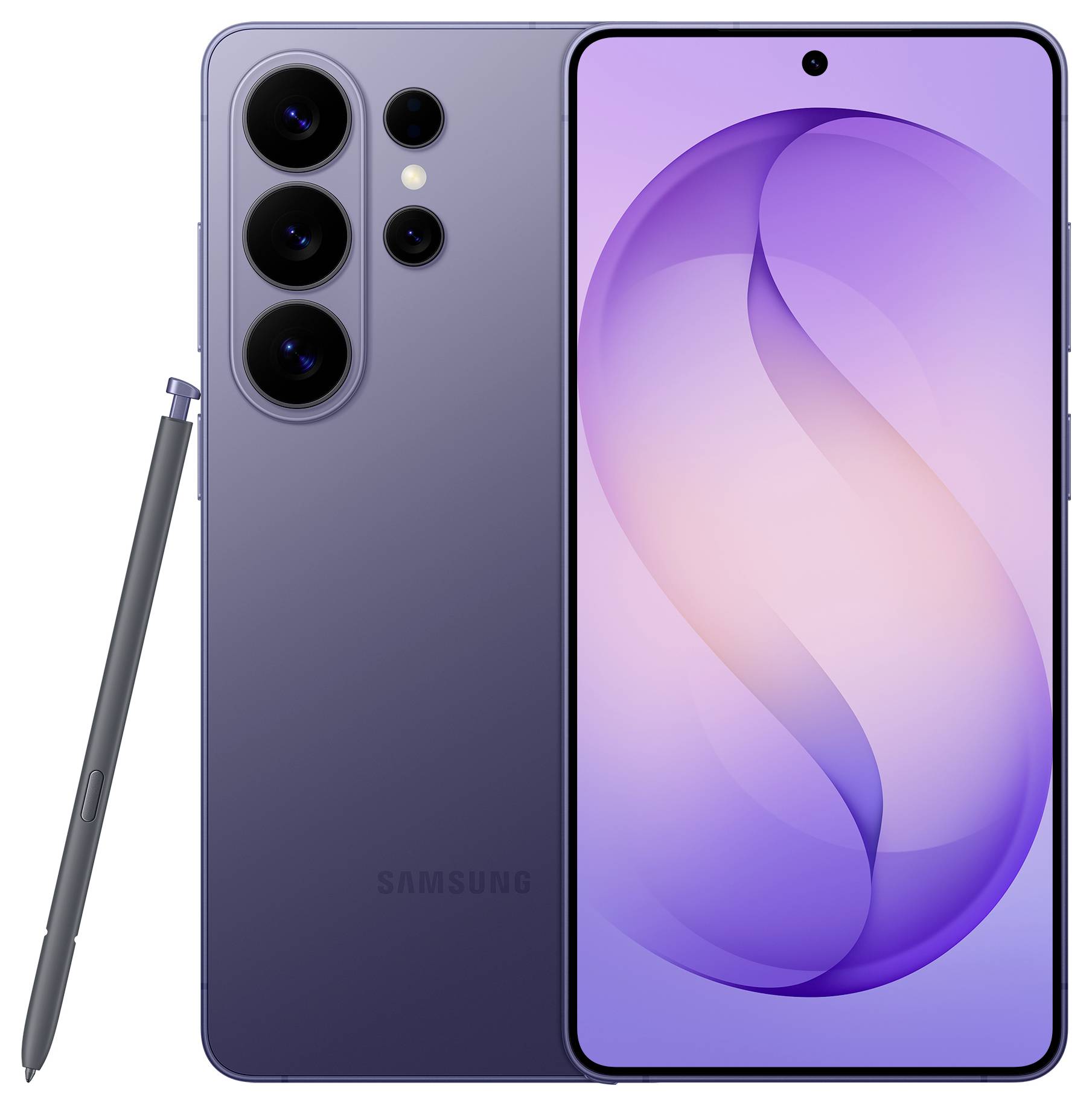 Ein violettes Smartphone mit drei rückwärtigen Kameras, zusammen mit einem S Pen Stylus. Der Bildschirm zeigt ein violettes abstraktes Wirbeldesign.