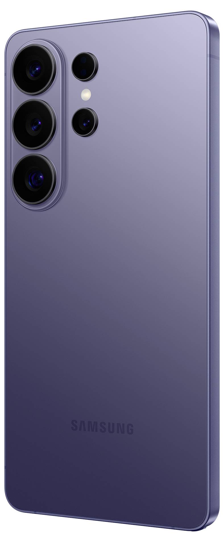 Ein violettes Smartphone mit drei vertikal angeordneten Rückkameras und einem LED-Blitz. Der Markenname „Samsung