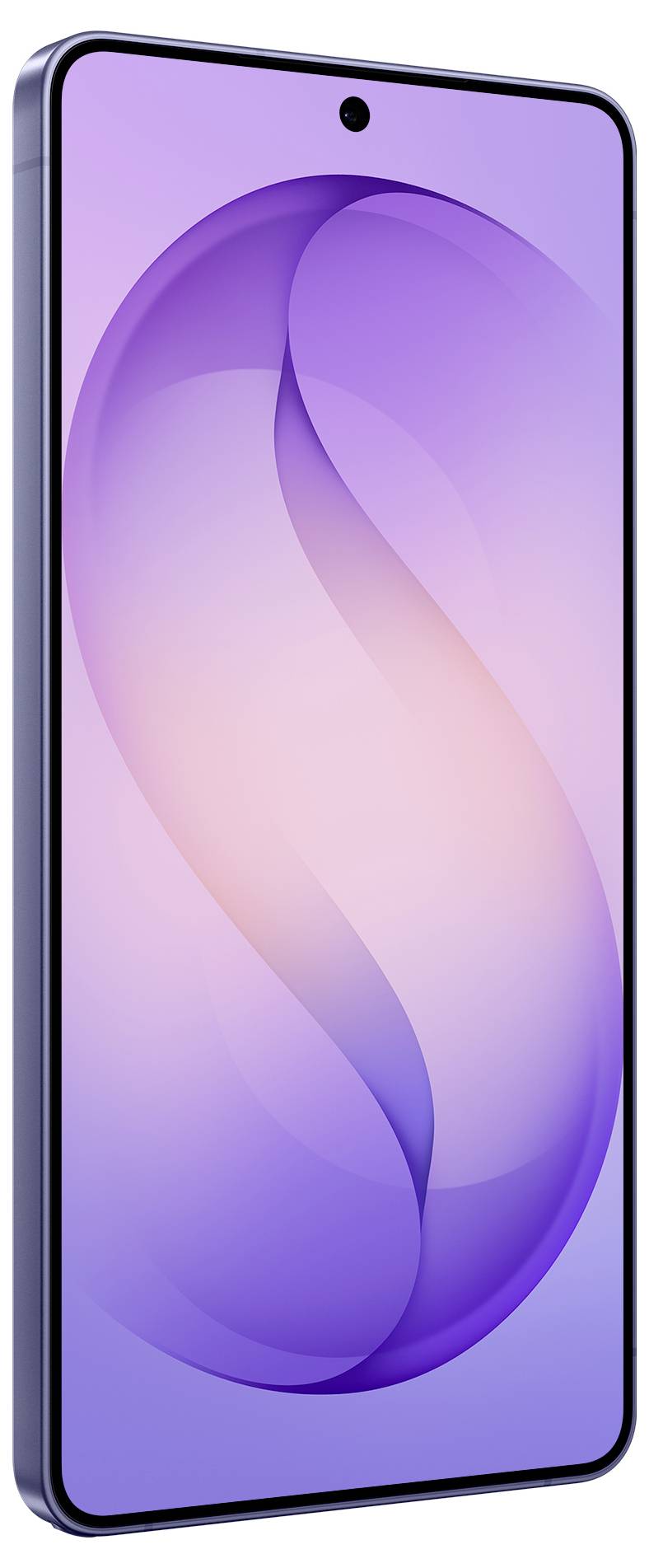 Ein elegantes Smartphone mit großem Display und minimalen Rändern, das auf dem Bildschirm eine hellviolette abstrakte Tapete zeigt.