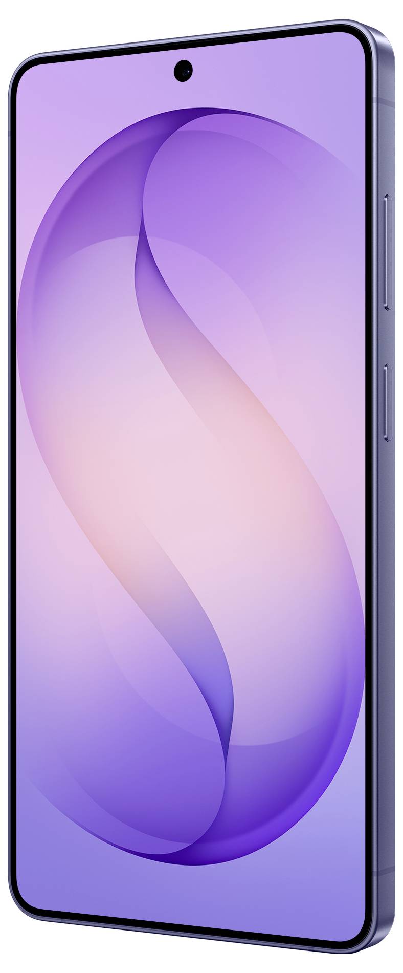 Ein Smartphone mit einem violetten Farbverlauf auf dem Bildschirm, das abstrakte geschwungene Linien anzeigt. Das Telefon hat dünne Rahmen und eine Kameraaussparung in der Mitte oben.