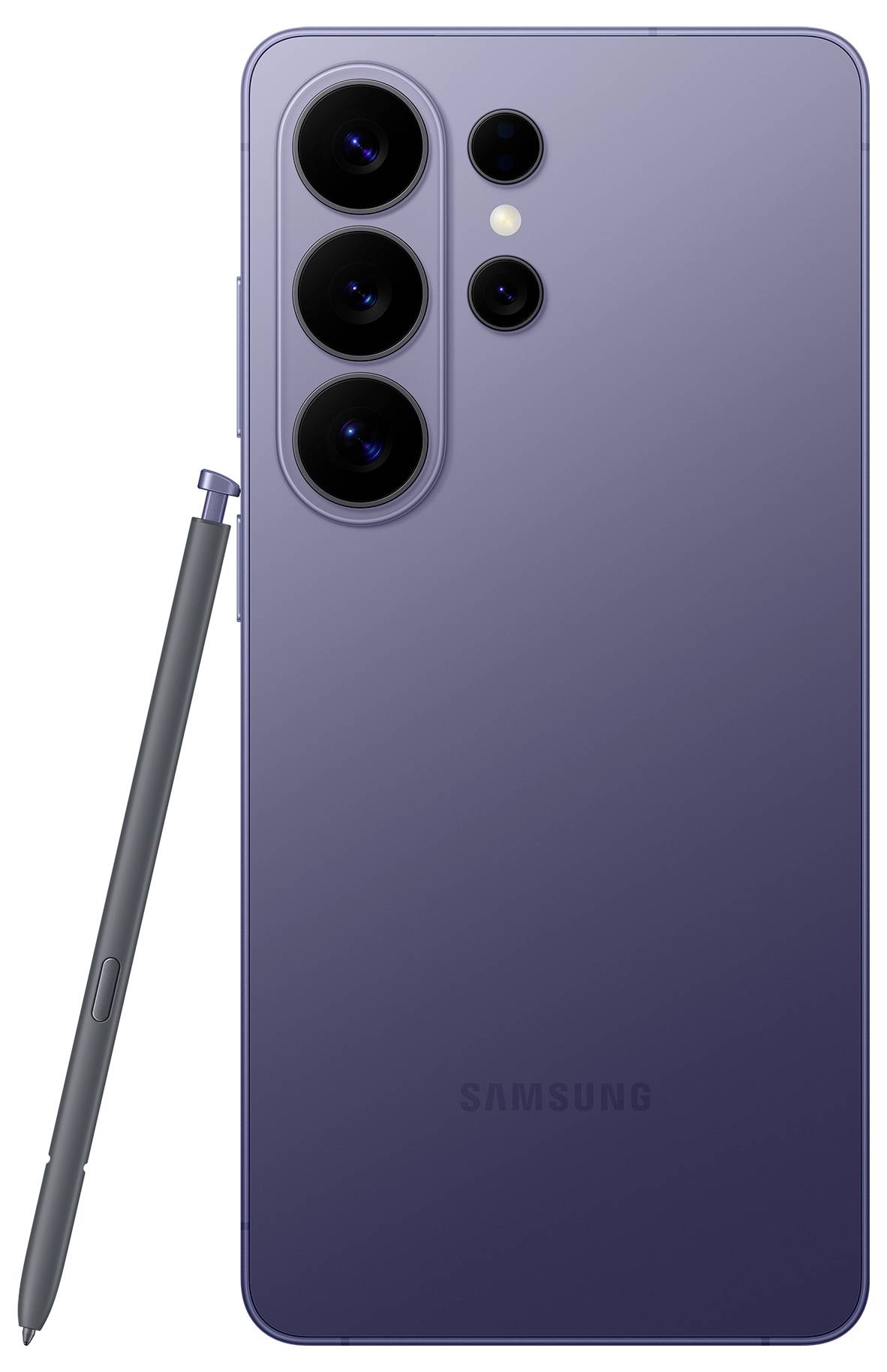 Samsung-Smartphone in Lila mit vier Kameralinsen und einem S Pen, der an der Seite positioniert ist.