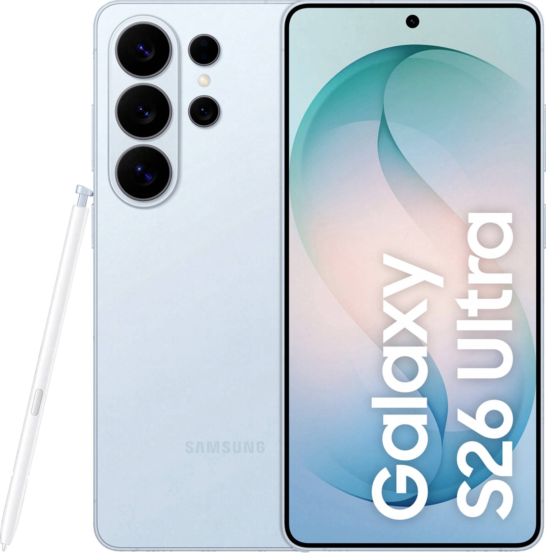 Samsung Galaxy S26 Ultra Smartphone von vorne und hinten in Hellblau mit S Pen, wobei die Kameraanordnung und das Display hervorgehoben werden.