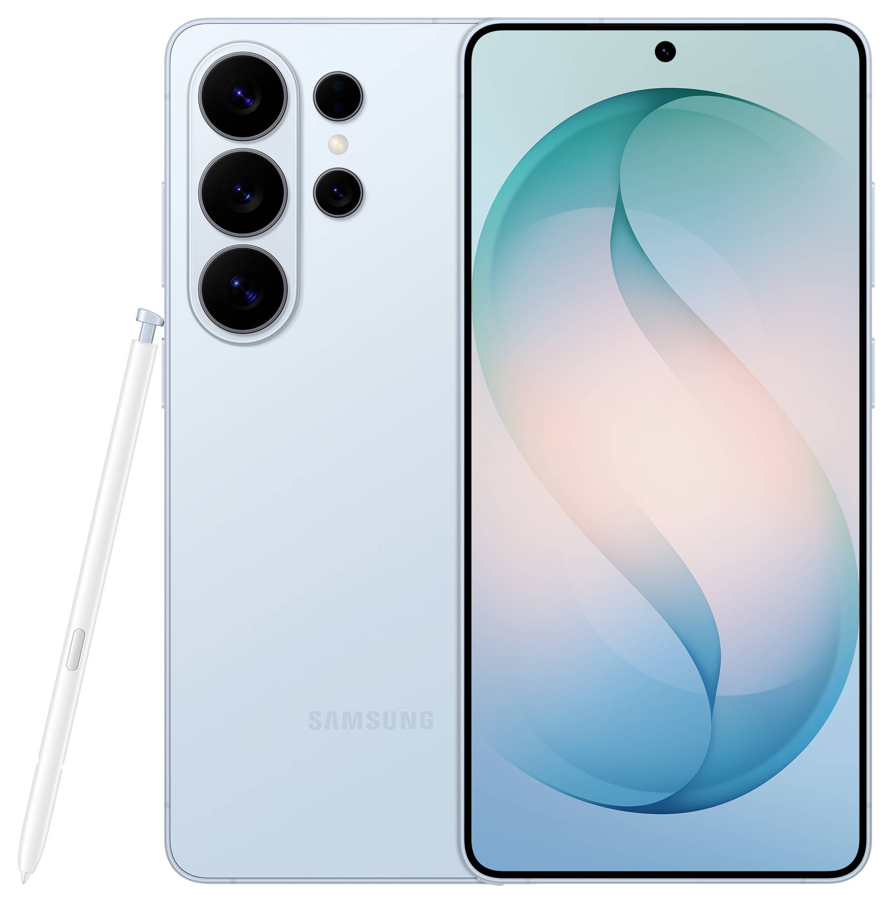 Ein hellblaues Smartphone mit Stylus, das mehrere rückseitige Kameras und ein großes Display mit wirbelnden Pastellfarben auf dem Bildschirm aufweist.