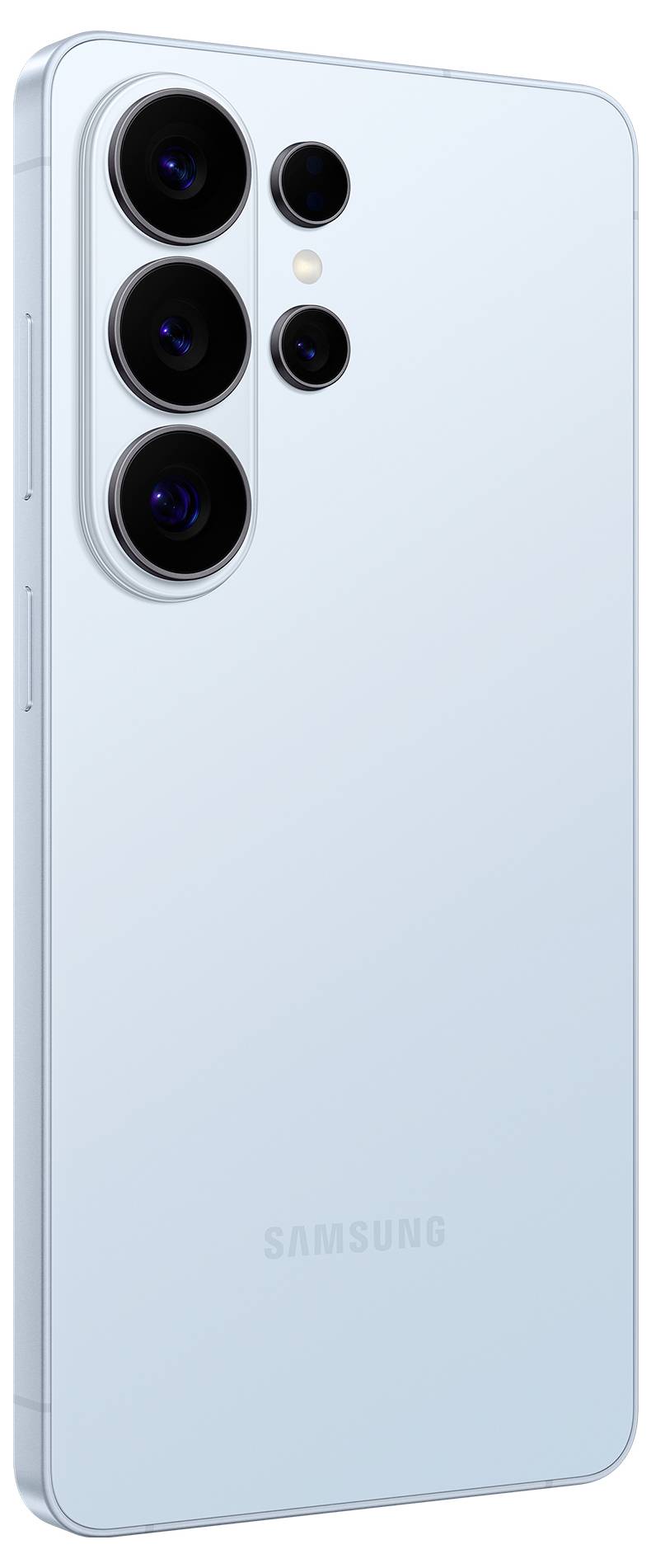 Ein hellblaues Smartphone mit einer Quad-Kamera-Anordnung auf der Rückseite mit Samsung-Branding.