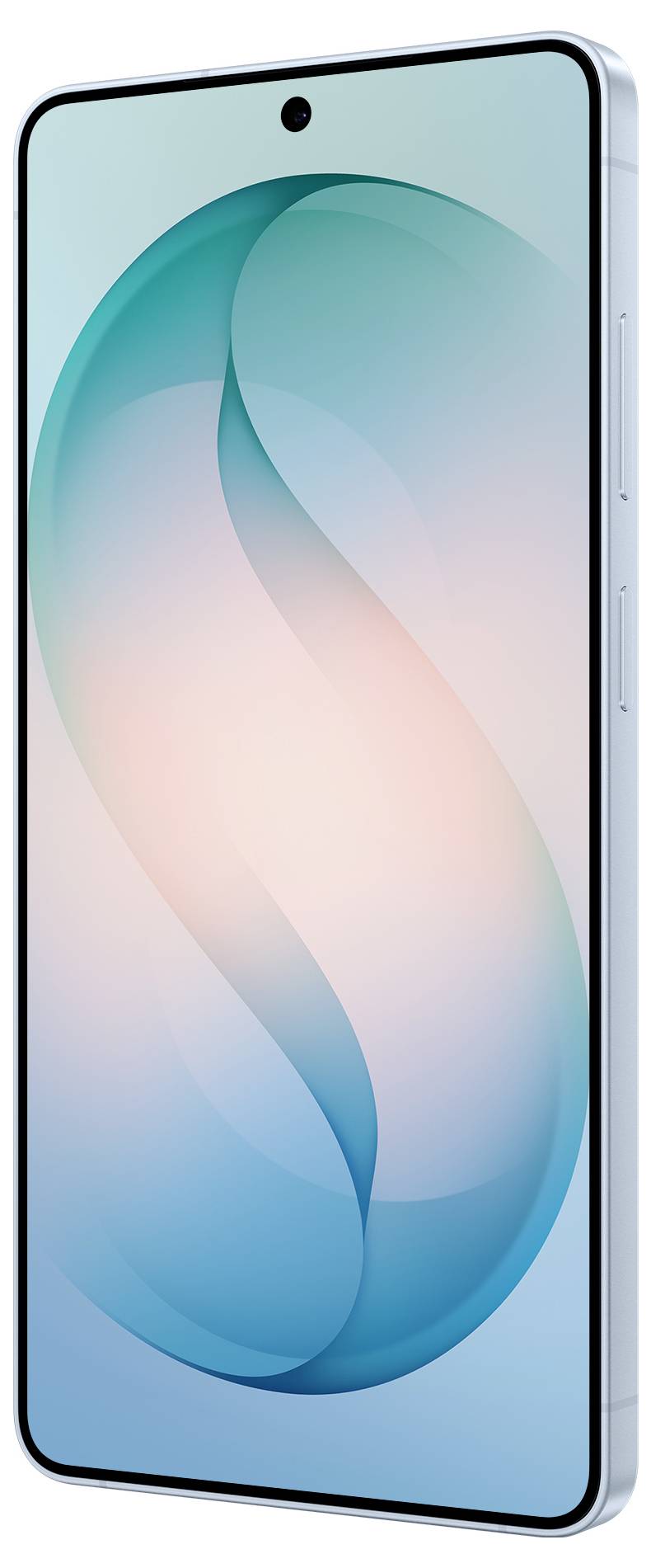 Ein modernes Smartphone mit einem großen, randlosen Display, das ein Farbverlauf-Design in Blau und Pfirsich zeigt, und einer kleinen Frontkamera in der Mitte oben.