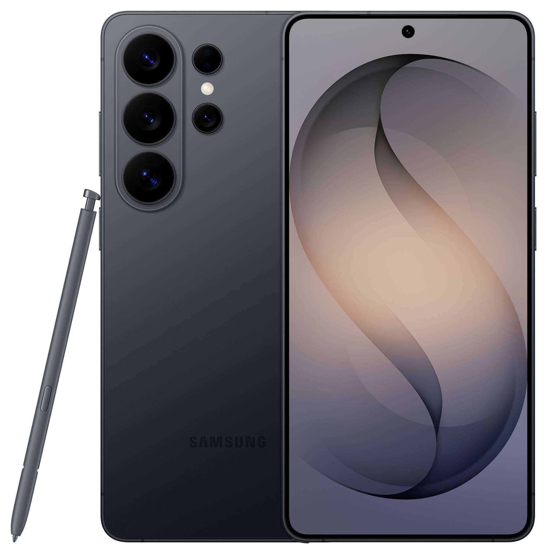 Ein Smartphone mit großem Display zeigt ein elegantes Design. Das Triple-Kamera-System und der Stylus deuten auf fortschrittliche Foto- und Notizfunktionen hin.