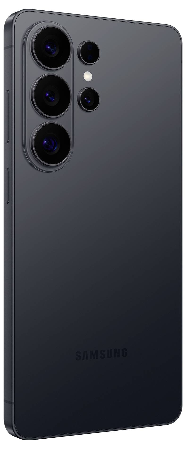 Ein schwarzes Samsung-Smartphone, das die rückseitige Quad-Kamera-Anordnung zeigt und seine fortschrittlichen Fotografie-Funktionen hervorhebt.