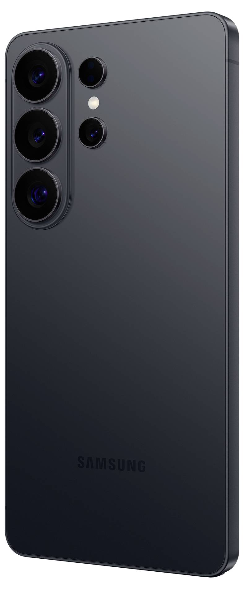Ein schwarzes Smartphone, das die Rückseite mit drei Kameras und einem Blitz zeigt, mit einem eleganten Design und dem Markenlogo am unteren Ende.
