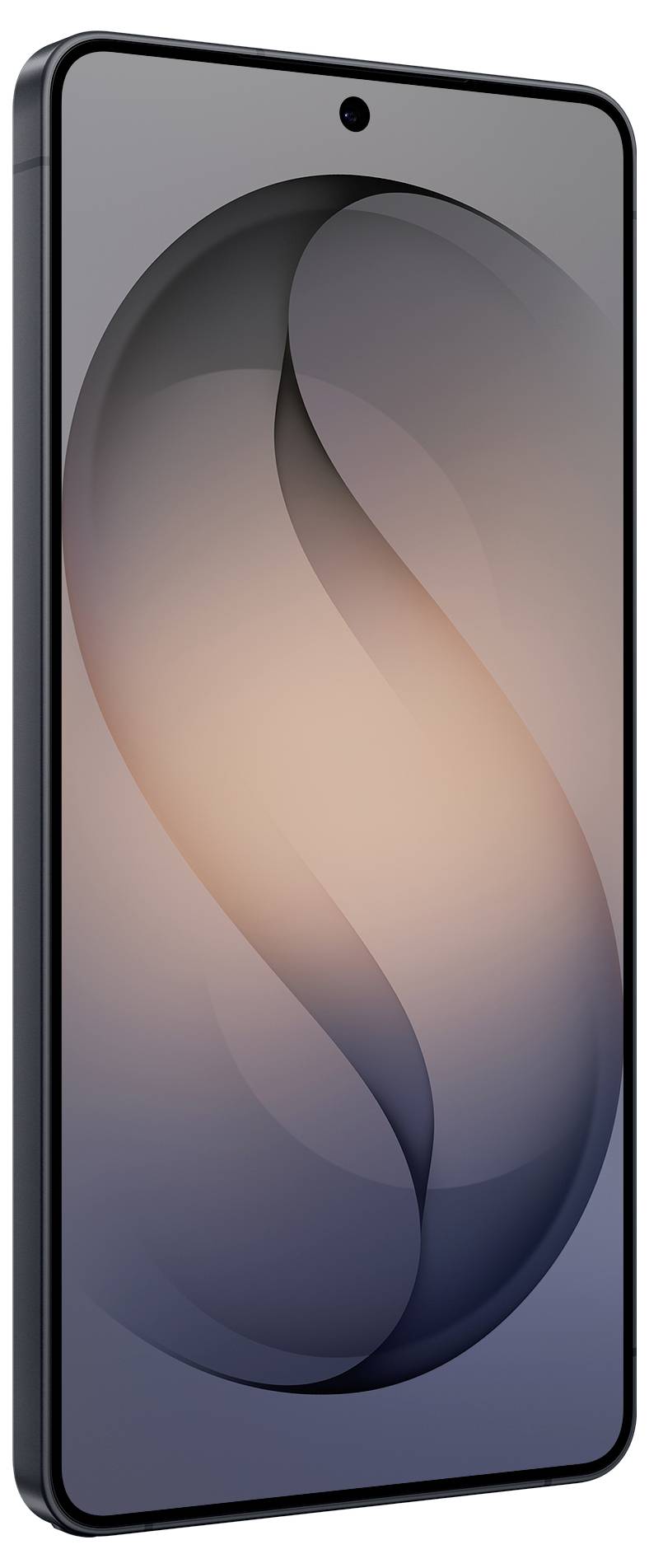 Ein elegantes Smartphone mit großem Bildschirm, auf dem ein abstraktes Design in Grau- und Pfirsichtönen angezeigt wird. Das Gerät hat einen dünnen Rand und eine Frontkamera.