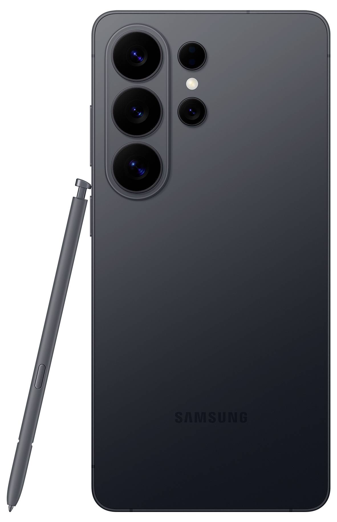 Ein schlankes, dunkelgraues Smartphone mit vier rückwärtigen Kameras und einem beiliegenden Stiftepen, der neben dem Gerät positioniert ist.