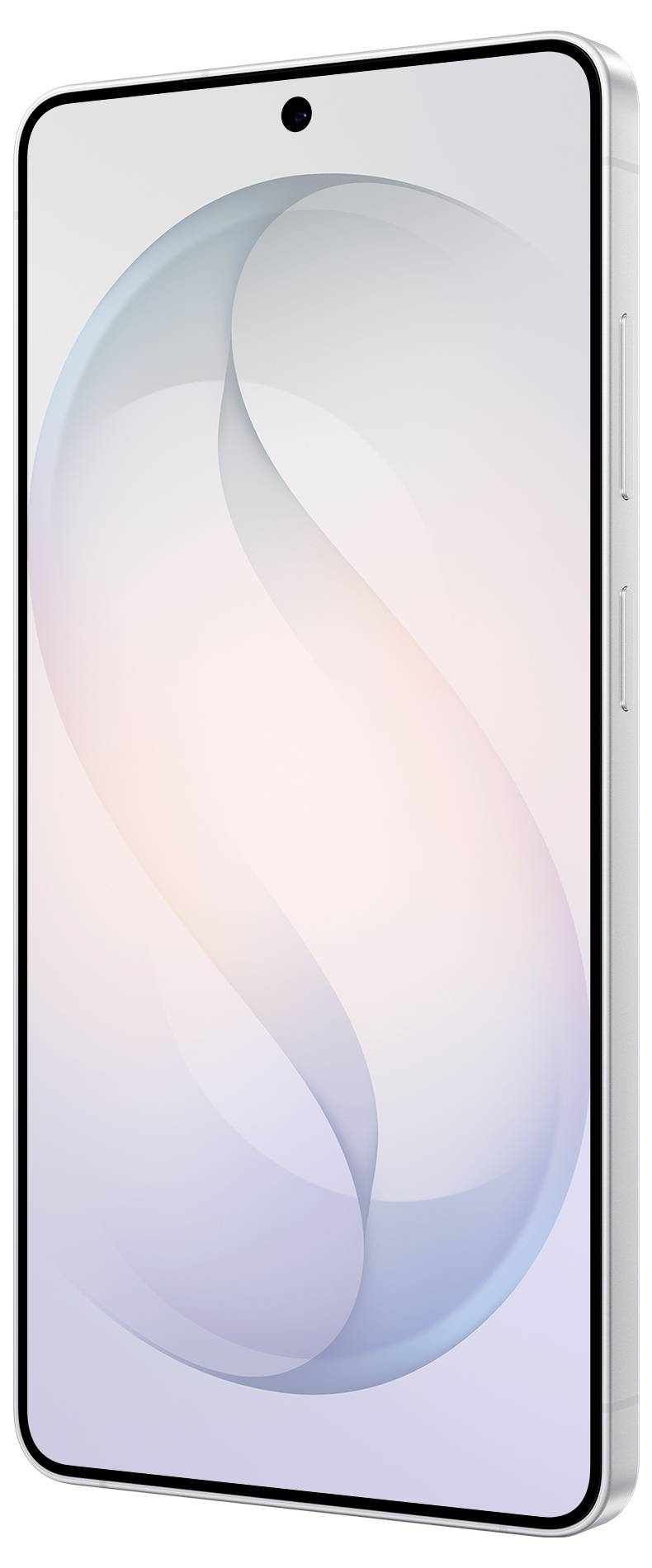 Ein schlankes, modernes Smartphone mit einem großen randlosen Display, auf dem ein subtiles abstraktes Design aus verschlungenen Formen auf hellem Hintergrund angezeigt wird.