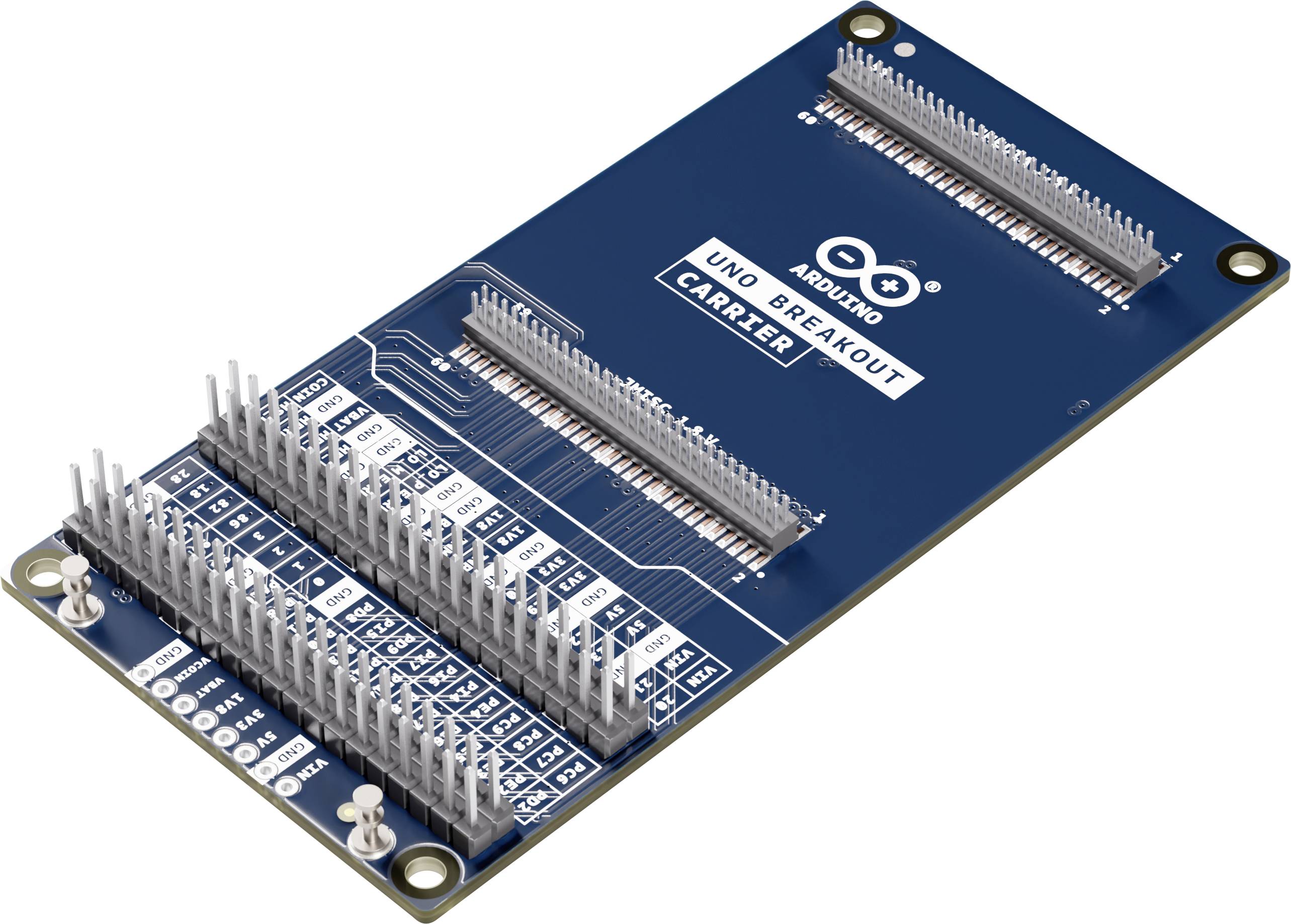 Blaue Arduino Uno Breakout Trägerplatine mit mehreren Stiftleisten und beschrifteten Verbindungsreihen zum Verdrahten und Prototyping.