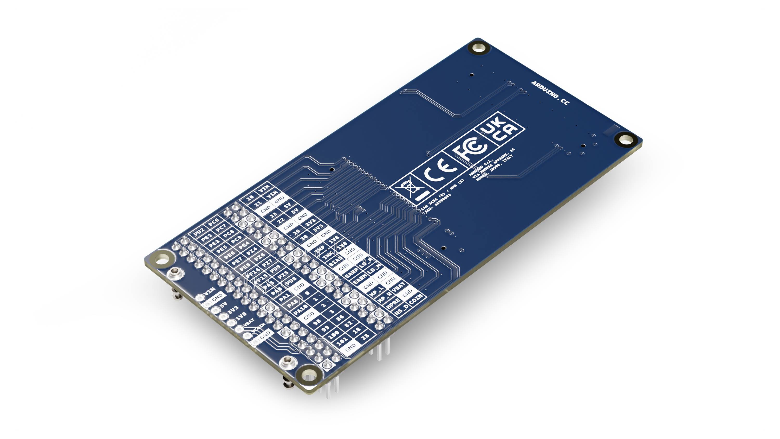 Eine blau bedruckte Leiterplatte (PCB) mit verschiedenen weiß bedruckten Beschriftungen und behördlichen Logos, die elektronische Schaltpfade und Komponenten zeigt.