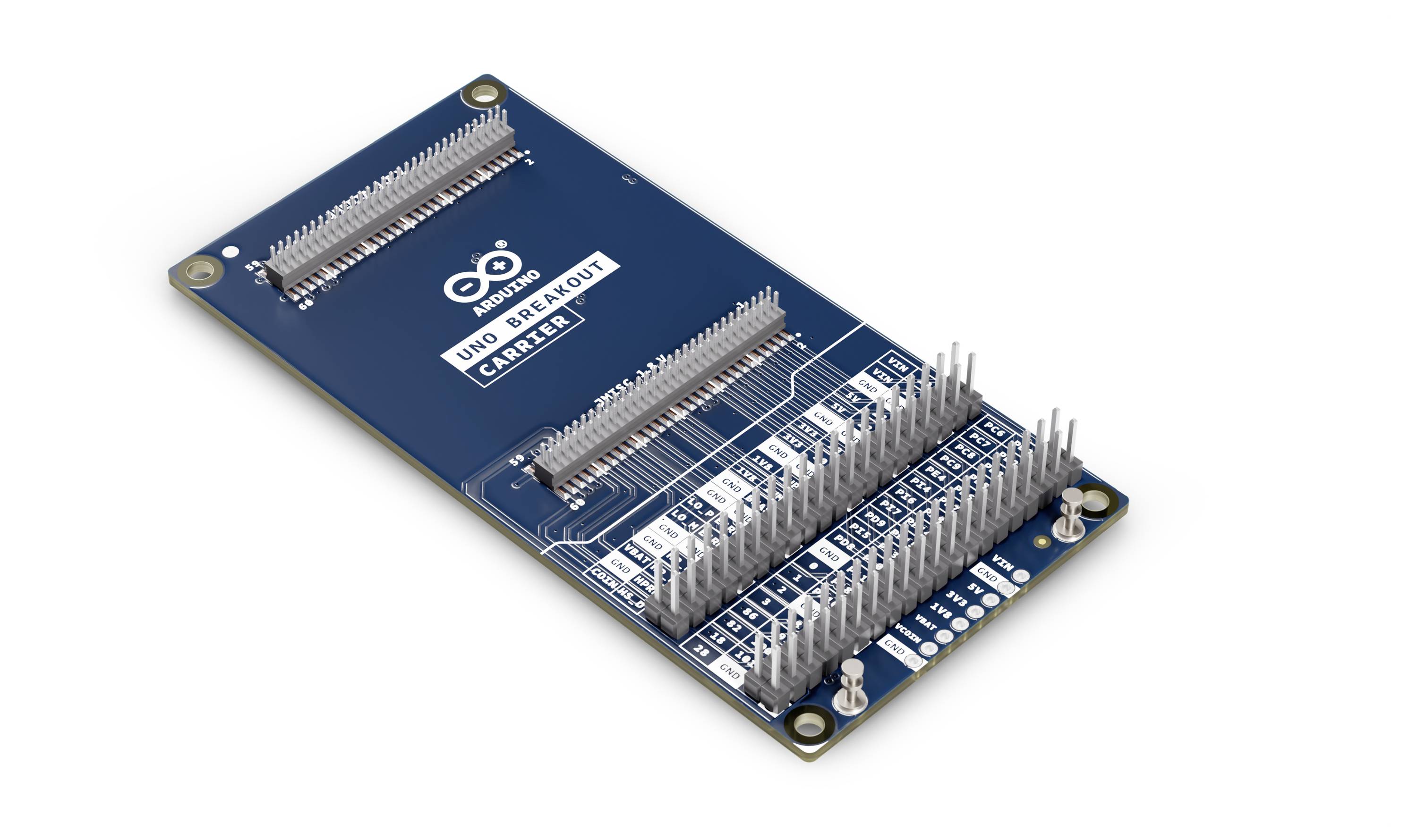 Ein blaues UNO Breakout Carrier Board, das beschriftete Verbindungsstifte für Arduino-Projekte anzeigt, mit mehreren Pinreihen und sichtbaren Headern.