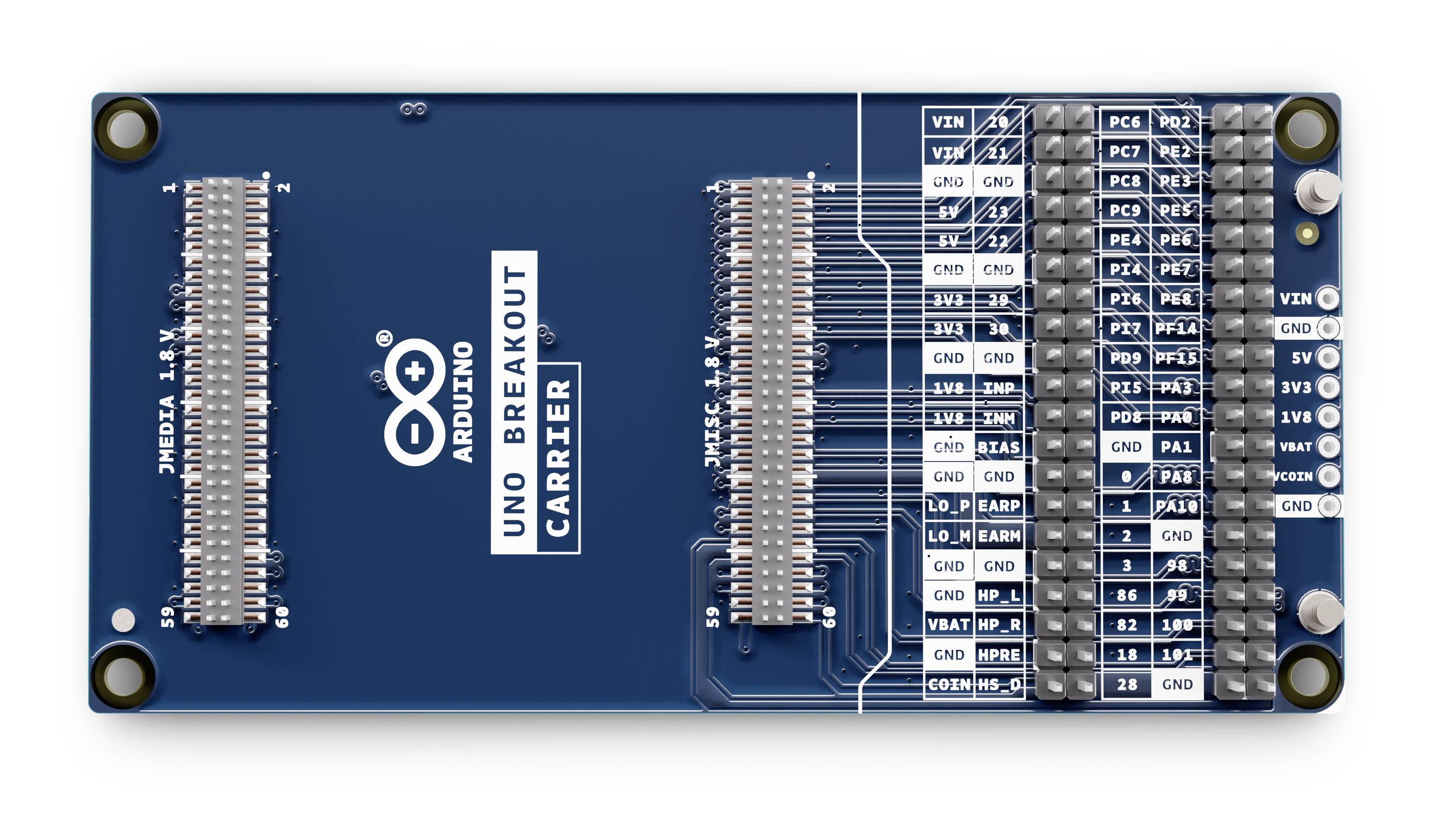 Blaue Arduino Uno Breakout-Trägerplatine mit beschrifteten Pins für Verbindungen und Komponenten.