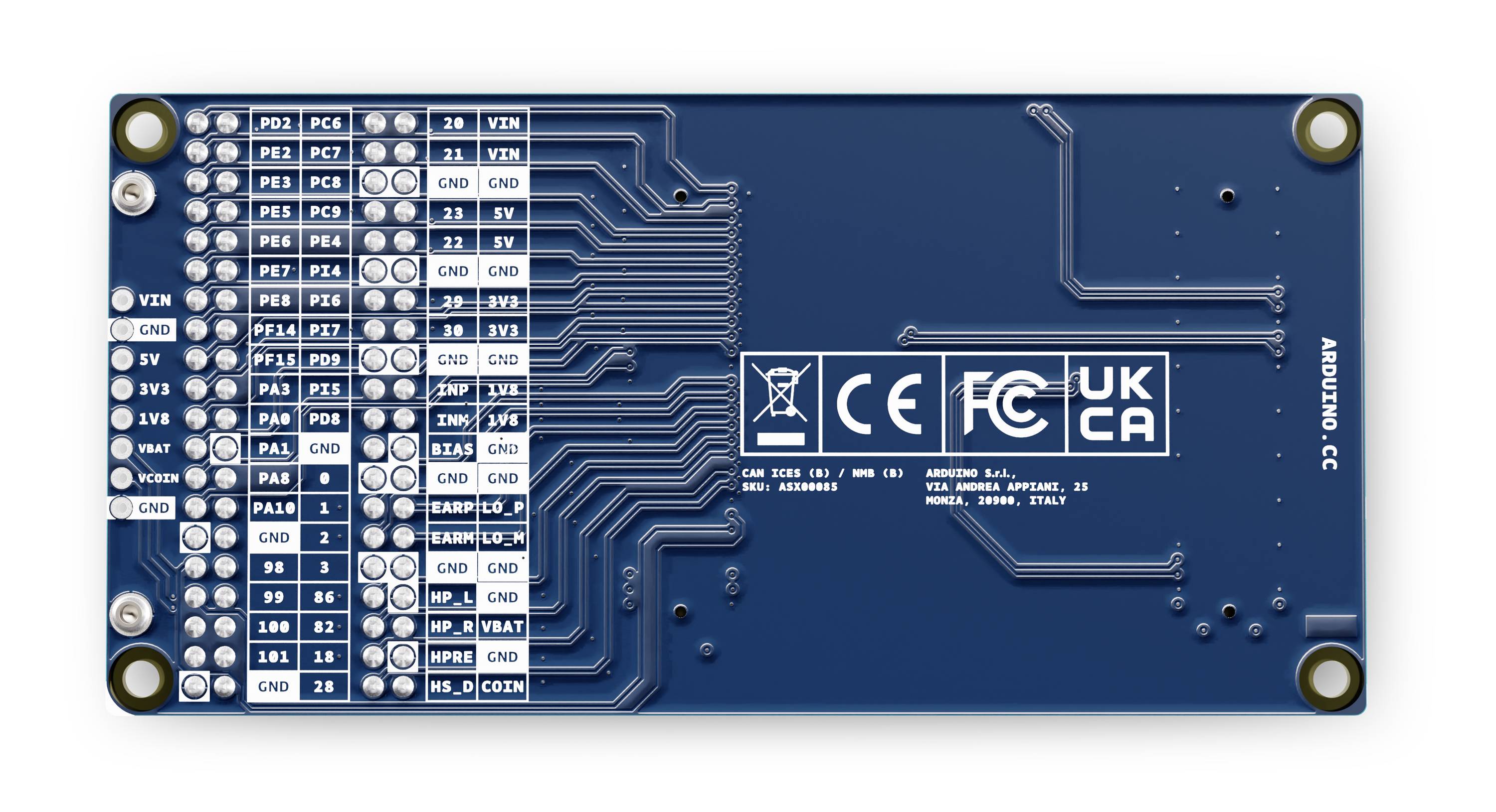 Rückseite eines blauen Arduino-Leiterboards mit verschiedenen gekennzeichneten Stiften und internationalen Zertifizierungszeichen, einschließlich CE, FCC und UKCA.