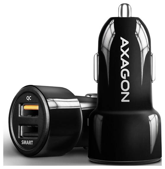 Schwarzes Dual-USB-Autoladewerk mit AXAGON-Branding, ein USB-Anschluss mit der Bezeichnung QC und ein weiterer mit der Bezeichnung SMART, auf weißem Hintergrund dargestellt.