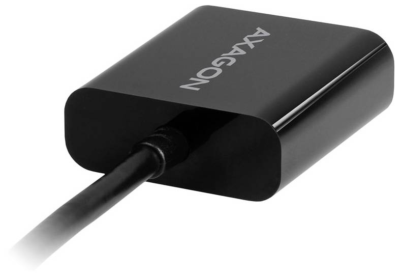 AXAGON DisplayPort auf VGA-Adapter in Einzelhandelsverpackung, zeigt einen schwarzen Kabeladapter und den Produktnamen auf der Schachtel.