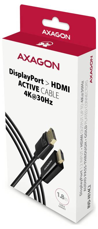 AXAGON DisplayPort zu HDMI aktives Kabel Verpackung, gekennzeichnet mit 4K@30Hz und 1,8 m, mit Produktbild und Spezifikationen.