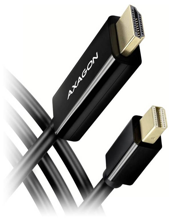 Nahaufnahme von zwei Axagon HDMI-Kabeln mit schwarzen Steckern und vergoldeten Enden auf weißem Hintergrund.