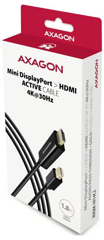 AXAGON Mini DisplayPort zu HDMI aktives Kabel, Verpackung mit der Beschriftung „4K@30Hz