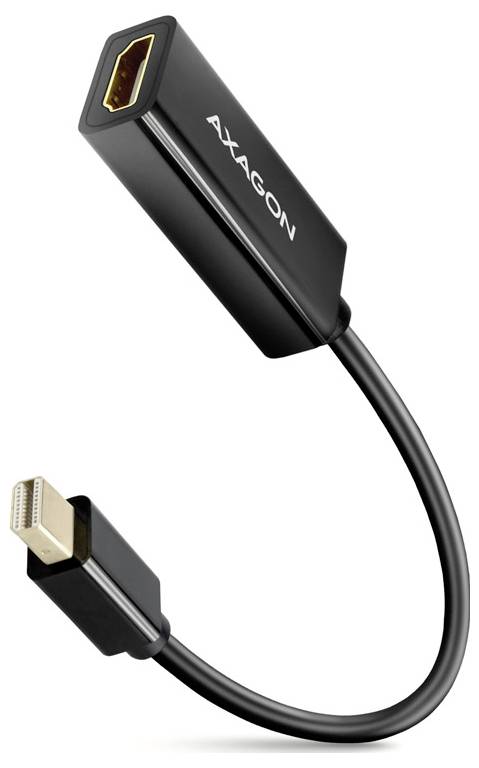 Schwarzes Axagon-Adapterkabel mit HDMI-Buchse und vergoldetem Stecker auf weißem Hintergrund.