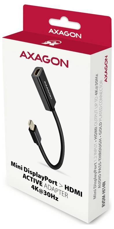 AXAGON Mini DisplayPort zu HDMI aktiver Adapter, zeigt ein schwarzes Kabeladapter und 4K@30Hz Unterstützung.