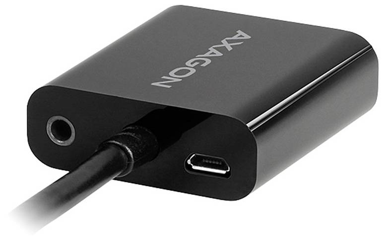 Axagon HDMI zu VGA Adapter mit Audioausgang, gezeigt auf der Produktverpackung in einer Einzelhandelsbox.