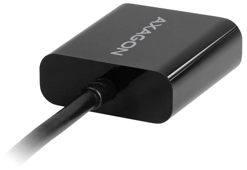 AXAGON HDMI zu VGA Adapter Verpackung mit einem schwarzen Dongle-Kabel und Produktname auf der Box.