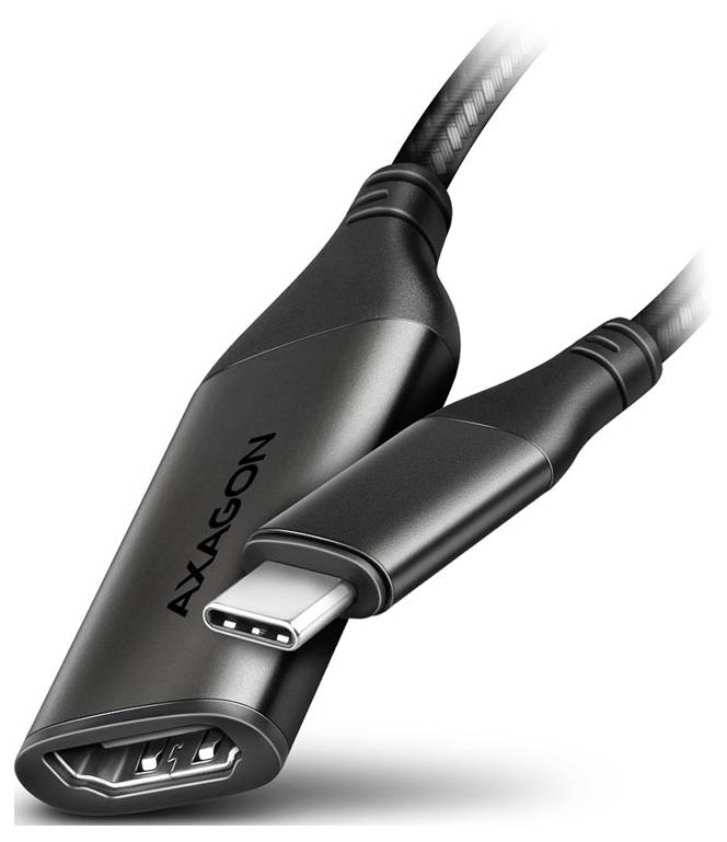 Nahaufnahme eines AXAGON USB-C-Adapterkabels mit einem USB-C-Stecker und einem Standard-USB-Anschluss.