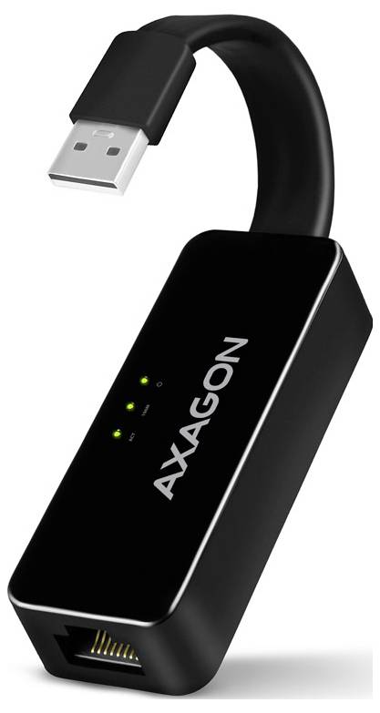 Schwarzer AXAGON USB-Adapter mit Anschlusskabel, USB-A-Stecker, Ethernet-Anschluss und zwei grünen Statusleuchten.