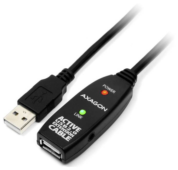 USB-Aktivverlängerungskabel mit AXAGON-Modul, LEDs mit den Bezeichnungen POWER und LINK sowie USB-A-Anschlüssen an beiden Enden.