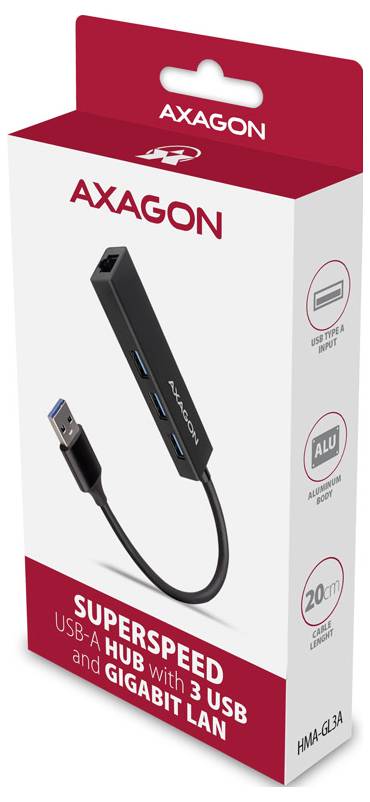 AXAGON Einzelhandelsbox für einen USB-C-Hub, zeigt einen 3-Port-USB-A-Hub mit Gigabit-LAN, USB 3.0 und 20-cm-Kabel.
