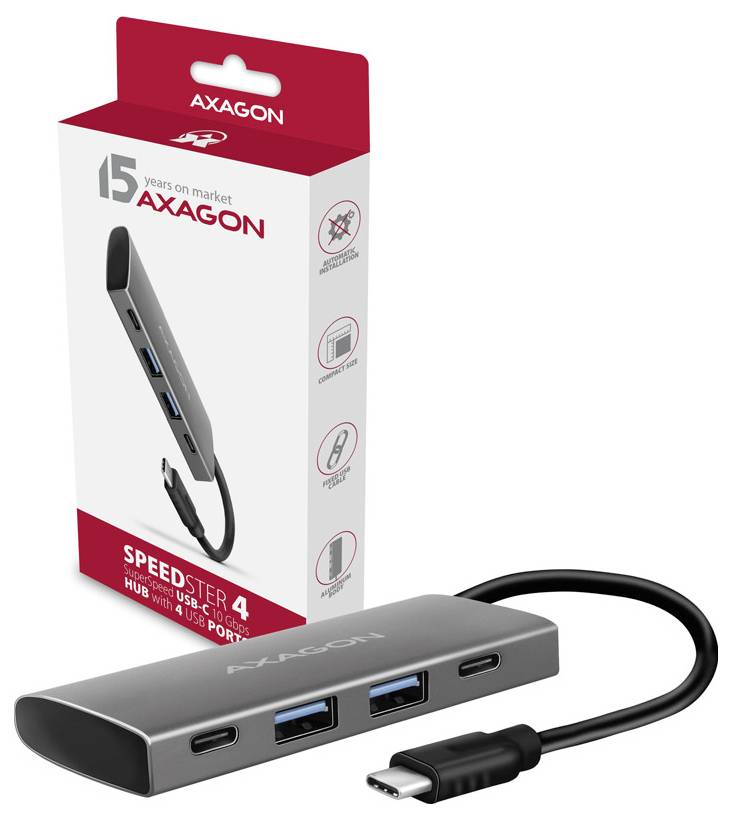 AXAGON Speedster 4 USB-C Hub mit zwei USB-A-Anschlüssen und zwei USB-C-Anschlüssen, abgebildet mit Einzelhandelsverpackung und angeschlossenem USB-C-Kabel.