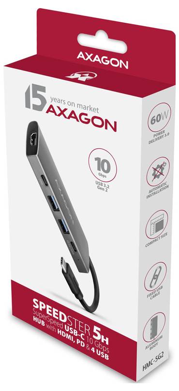 AXAGON Speedster 5H USB-C Hub-Verpackung mit einem 5-in-1-Adapter mit HDMI, 4 USB-Anschlüssen und 60W Power Delivery.