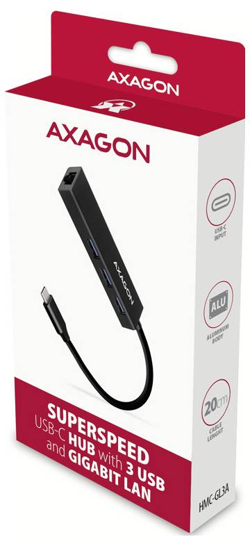 AXAGON Superspeed USB-C Hub Box mit einem 3-Port USB Hub mit Gigabit LAN, ALU-Aluminium-Gehäuse, 20 cm Kabel und USB-C Anschluss.