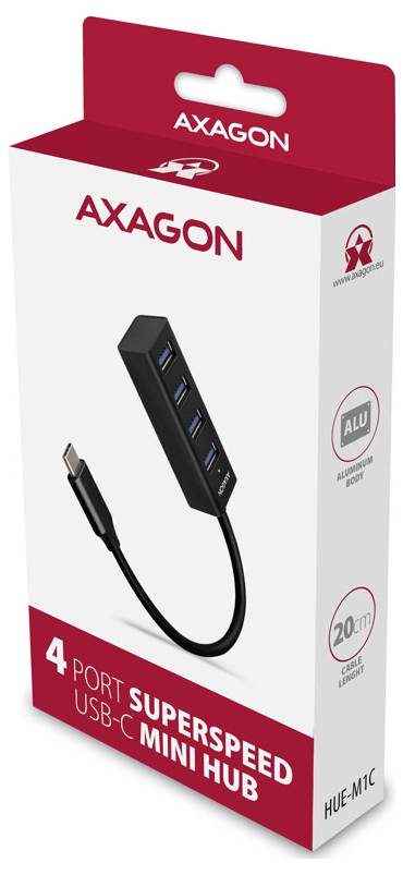 Axagon 4-Port-Superspeed-USB-C-Mini-Hub in Retail-Verpackung, mit einem USB-C-Kabel und vier USB-Anschlüssen, Kabellänge 20 cm.