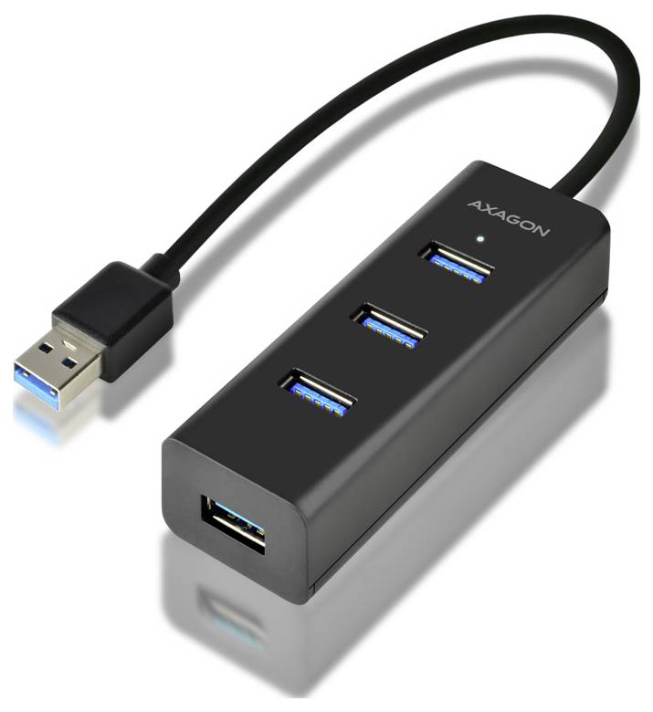 Schwarzer AXAGON USB-Hub mit einem USB-Kabel und vier blauen USB-Anschlüssen, gezeigt auf weißem Hintergrund.