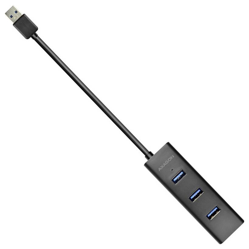 Schwarzer USB 3.0-Hub mit drei blauen Anschlüssen und einem kurzen angebrachten Kabel mit USB-A-Stecker.