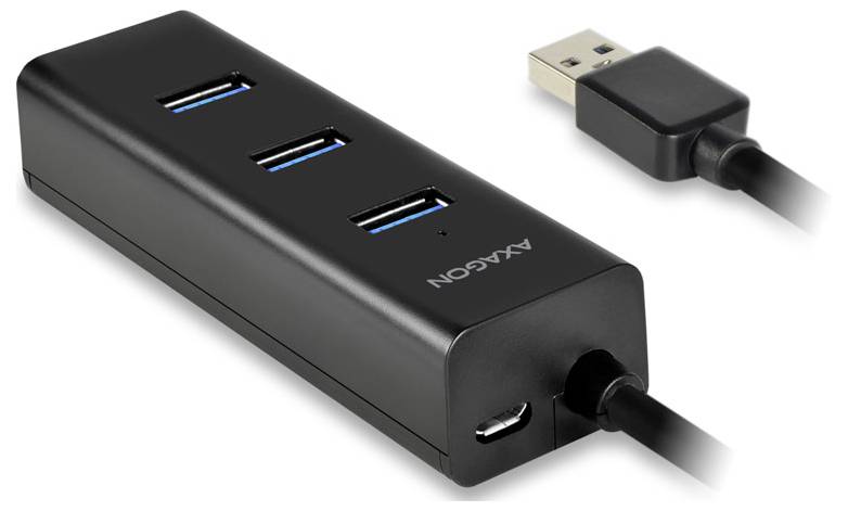 Schwarzer 3-Port-USB-3.0-Hub mit angeschlossenem USB-Kabel und sichtbarem 