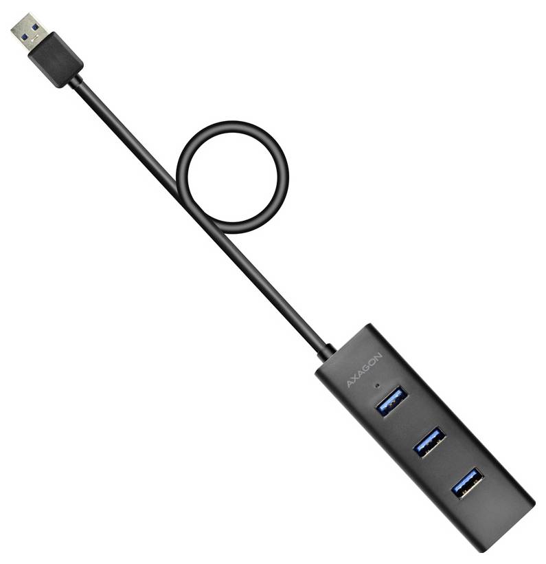 Schwarzes USB-Kabel mit Schleifendesign und einem kleinen Hub mit drei blauen USB-Anschlüssen.