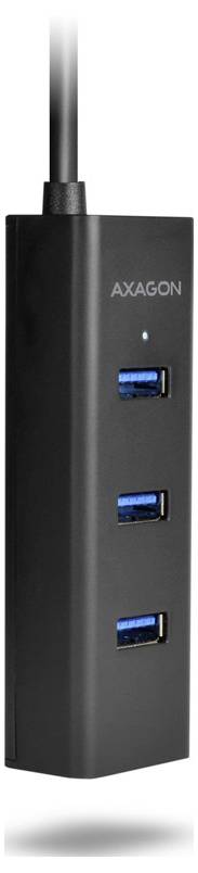 Schwarzer AXAGON USB-Hub-Adapter mit drei blauen USB-Anschlüssen und einem angeschlossenen Kabel oben.
