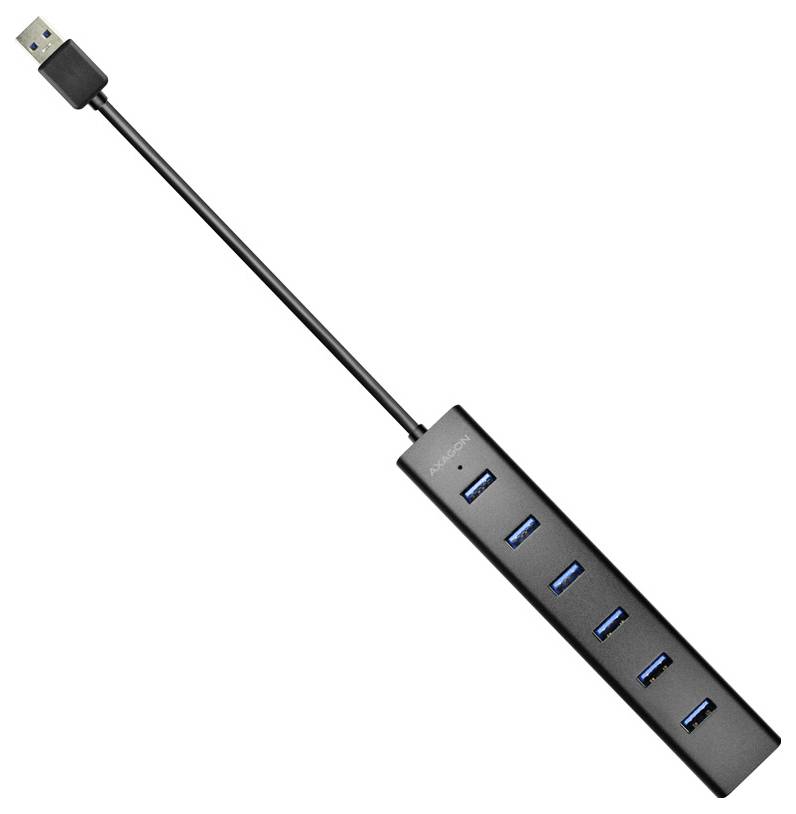 Schwarzer USB-Hub-Adapter mit einem USB-Stecker und sechs blauen USB-Anschlüssen auf einem Kabel