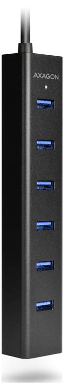 AXAGON USB-Hub mit fünf blauen USB-Anschlüssen und einer Statusleuchte, dargestellt als schlankes schwarzes vertikales Gerät mit einem verbundenen Kabel oben.