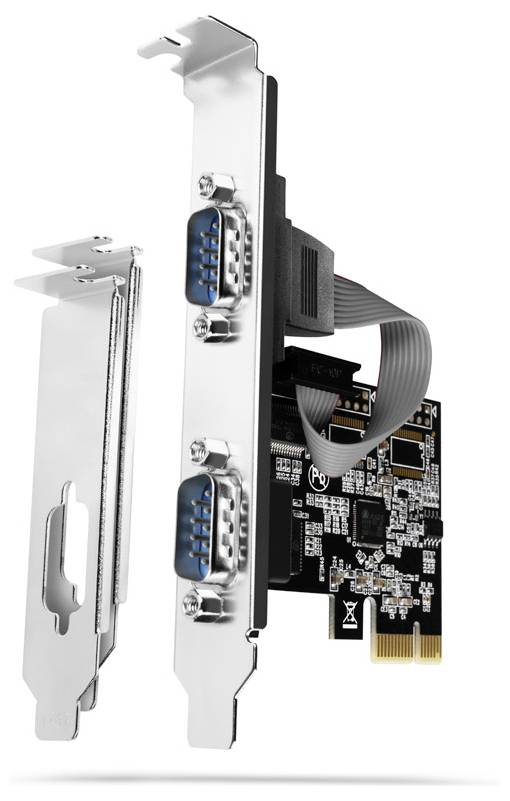 PCIe-Erweiterungskarte mit zwei seriellen Anschlüssen und einer DB9-Halterung auf einer Leiterplatte mit Flachbandkabel