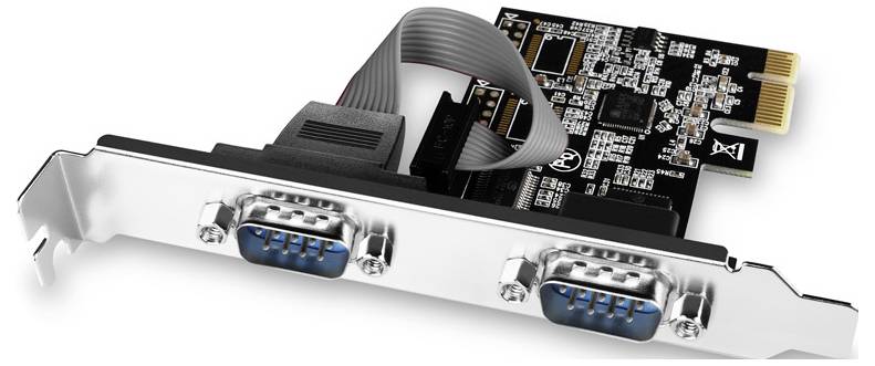 Interne Erweiterungskarte mit zwei blauen seriellen Anschlüssen und einem Flachbandkabelstecker, wahrscheinlich ein dualer RS-232-Adapter.